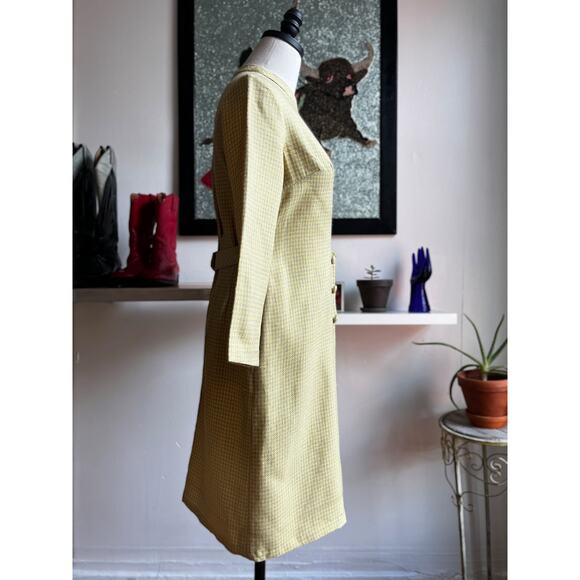 Vintage 60s Yellow Micro Plaid Dress | Mad Men Sheath Tweed Knit | Size S/M - Picture 5 of 10